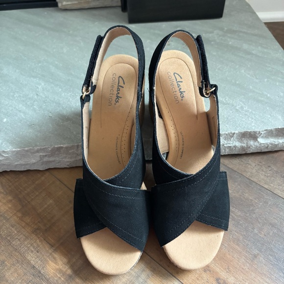 Clarks Giselle Cove Black Suede Sling Back Cushion Wedge Sandals Women Size 10W - Picture 6 of 14